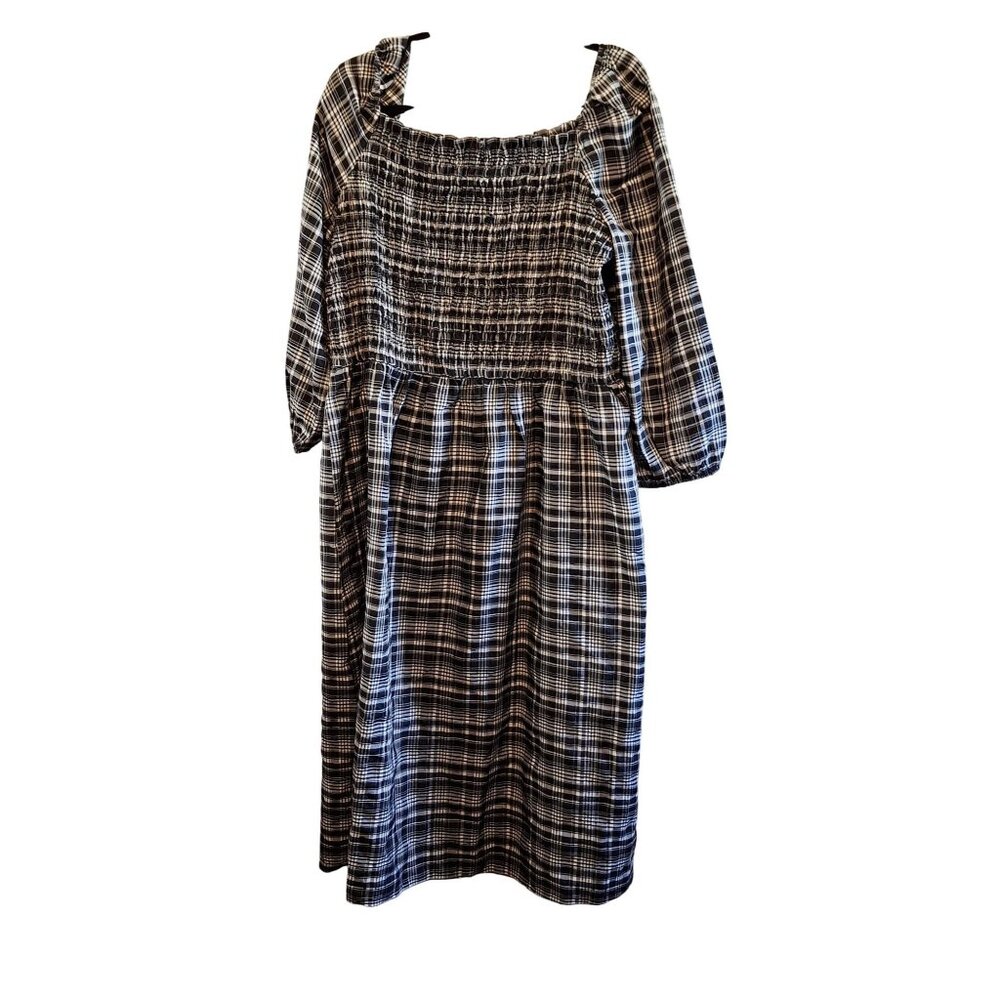 NWT Black & White Plaid Smocked Midi Dress By Loft Outlet XL 3/4 Sleeves Elastic